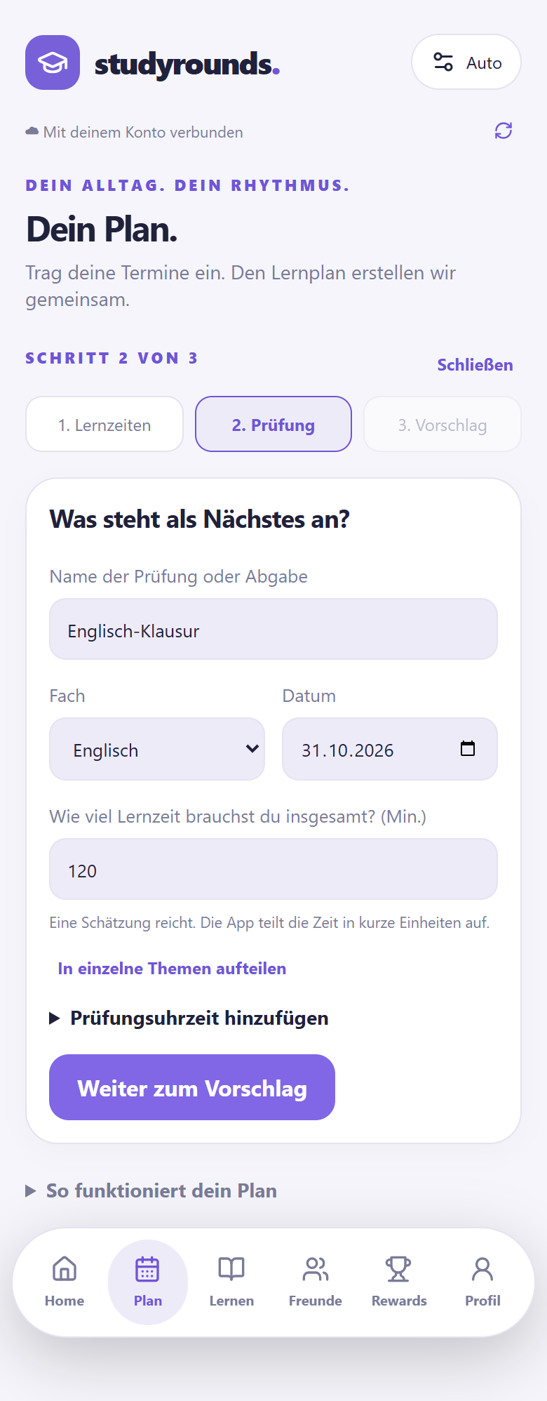 Schritt 2 von 3 im Planer: Englisch-Klausur am 31.10.2026 mit 120 Minuten geschätzter Lernzeit