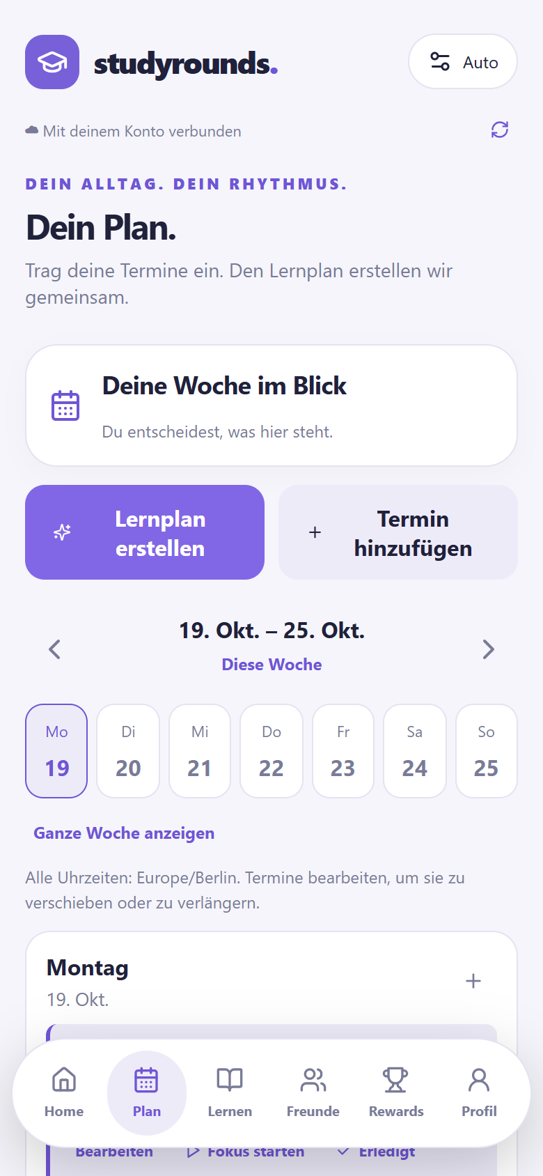 Plan-Ansicht von StudyRounds mit Wochenleiste 19. bis 25. Oktober und den Schaltflächen Lernplan erstellen und Termin hinzufügen