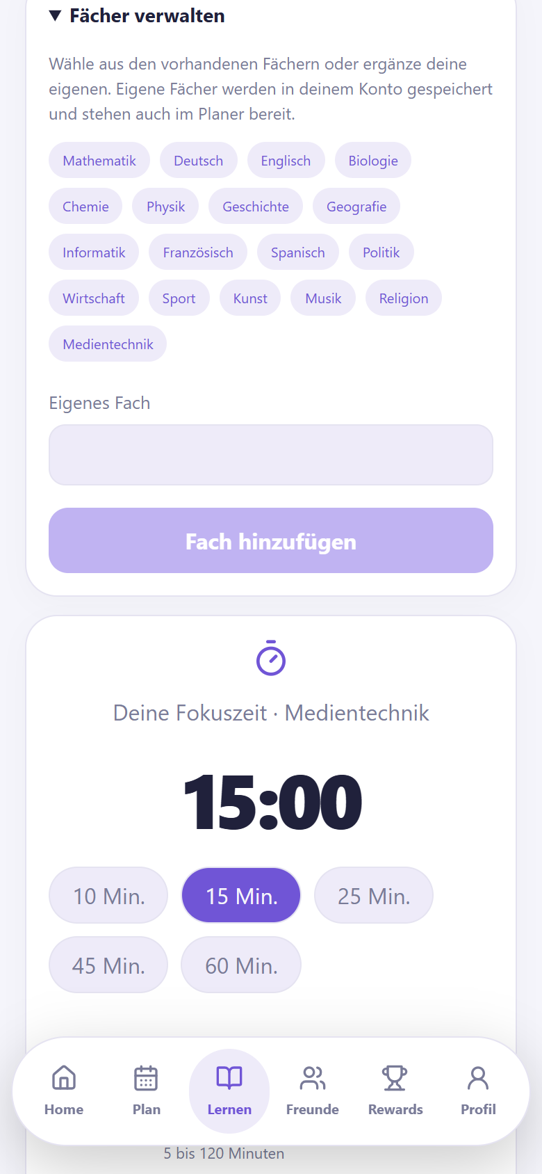 Fächer verwalten mit Fachauswahl, eigenem Fach Medientechnik und Fokuszeit 15 Minuten