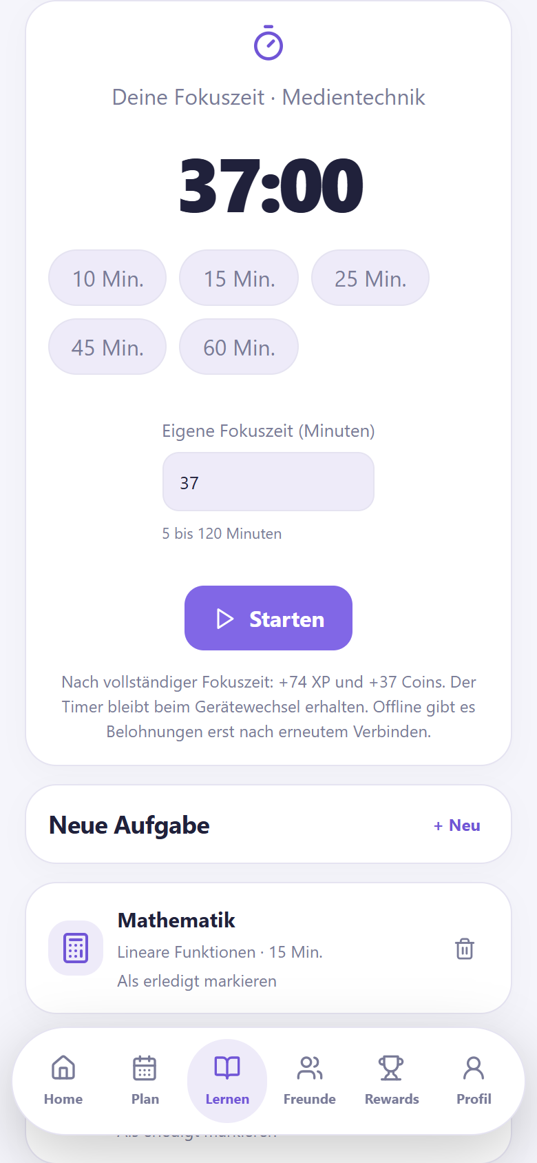 Fokuszeit-Ansicht mit 37:00 Minuten, eigener Dauer 37 Minuten und Starten-Schaltfläche