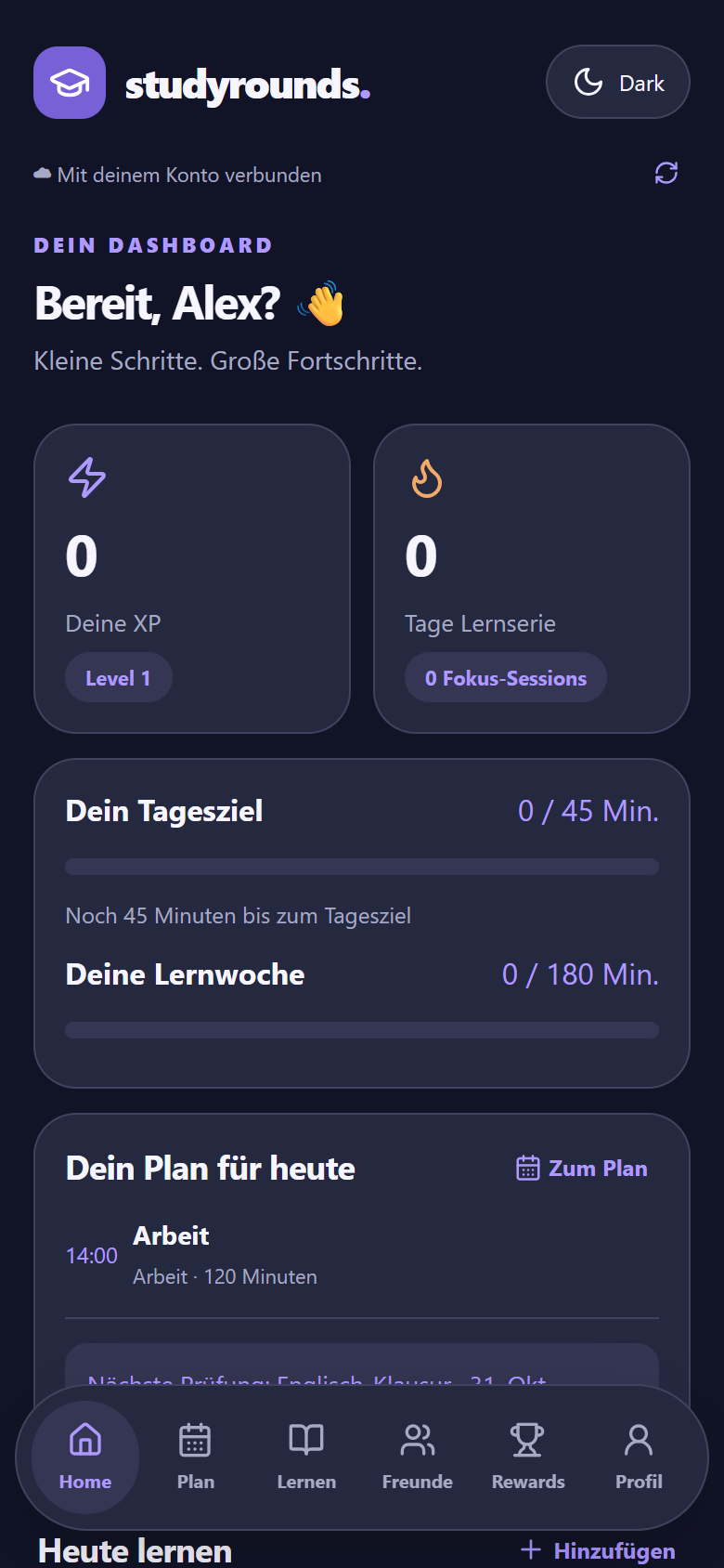 Dashboard mit XP, Lernserie, Tagesziel 0 von 45 Minuten und Plan für heute