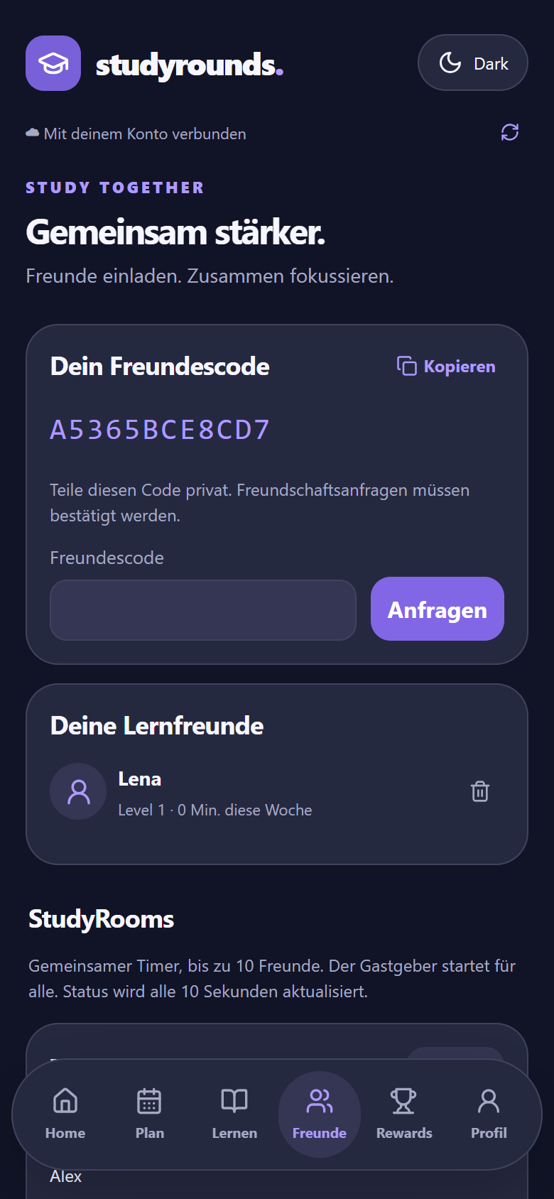 Freunde-Ansicht mit Freundescode, Lernfreundin Lena und dem Bereich StudyRooms