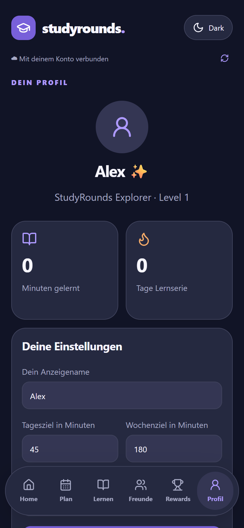 Profil von Alex mit Level 1, Tagesziel 45 und Wochenziel 180 Minuten
