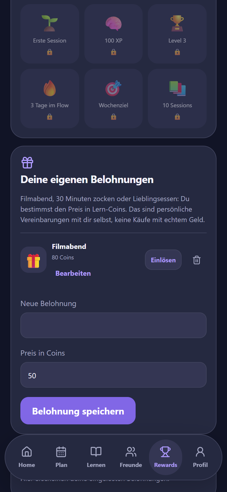 Belohnungen im dunklen Design mit Erfolgen und der eigenen Belohnung Filmabend für 80 Coins
